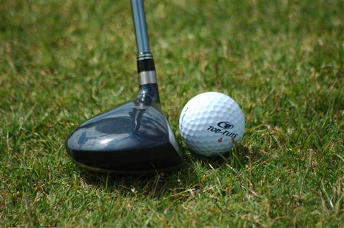 Golf club next to golf ball in grass 