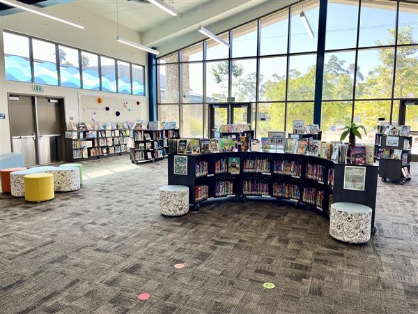 Library Book shelves with tall windows in the background